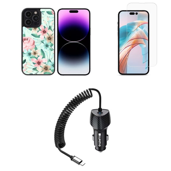 Bemz Phone Case for iPhone 15 Plus Bundle with Shockproof Anti-Scratch UV Print Protection TPU Cover, Glass Screen Protector, 40W Car Charger (USB-C Port) - 5 Foot (Watercolor Teal Floral)
