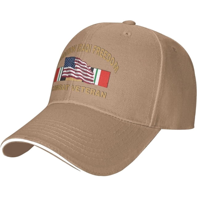 Operation Iraqi Freedom Combat Veteran with American Flag Baseball Cap Adjustable Sun Hat
