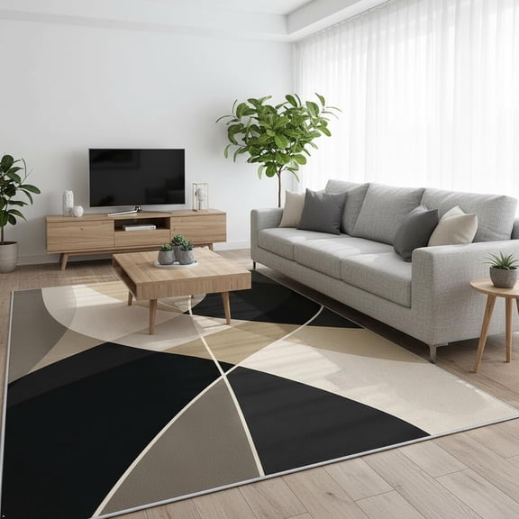 Modern Geometric Area Rug, Black and Cream Contemporary Living Room Carpet, Washable Non Slip Indoor Rug for Bedroom Dining Room, Bold Contrast Design 1x2ft