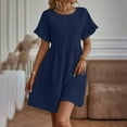 thumbnail image 3 of Daiosportswear Robe d'Été pour Femmes Col Rond Manches Courtes Mélange Coton Lin Ample Couleur Unie Poche Mode Jupe Mini, Robe Manches Courtes Bleue G(L), 3 of 7
