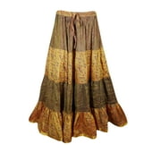 Mogul Womens Orange Brown Maxi Skirt Tiered Printed Summer Bohemian Fashion Long Skirts