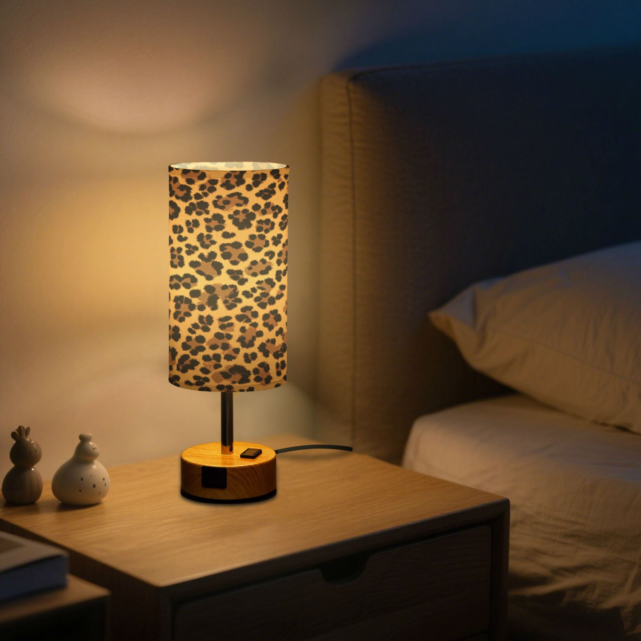 Wobogo Brown Leopard Bedside Lamp Touch Control Table Lamp with USB A+C Charging Ports & AC Outlet 3-Way Dimmable Nightstand Lamp with Linen Fabric Shade for Bedroom Living Room