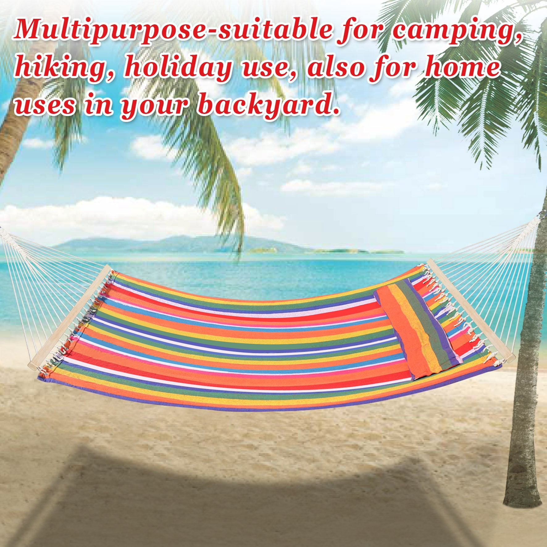 SUNRISEUMBRELLA 79''x55'' Quilted Hammocks for Outside Hammock for Outdoor Garden Balcony, Quilted Fabric Hammock with Pillow Heavy Duty Double Hammock with Spreader Bar, 330 Pound Capacity