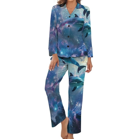 PoBuds Women's Long Sleeve Flannel Pajama Set Sleepwear Dolphins Galaxy S