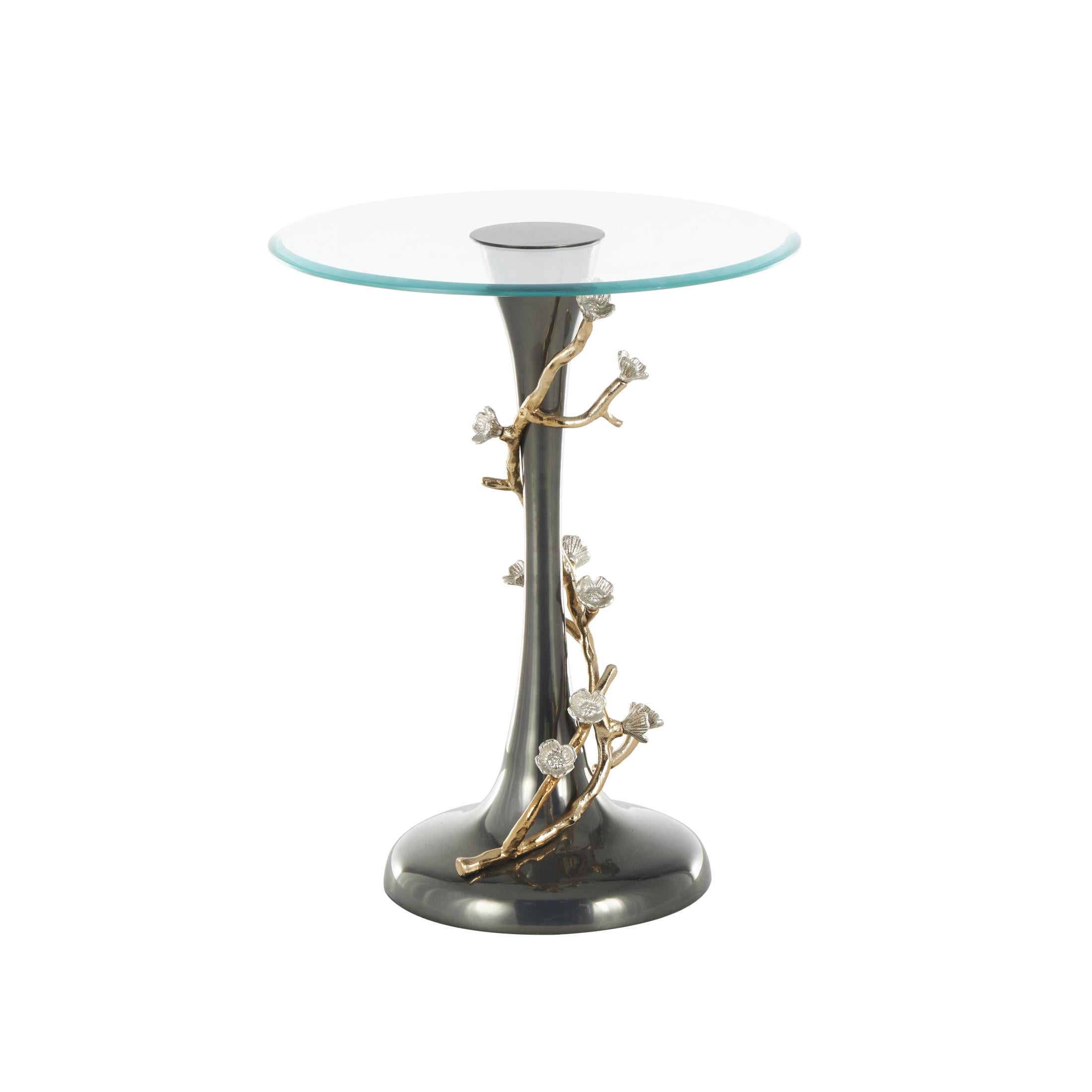 DecMode 18" x 23" Black Aluminum Metal Twisted Vine Floral Accent Table with Gold and Silver Accents and Glass Tabletop, 1-Piece
