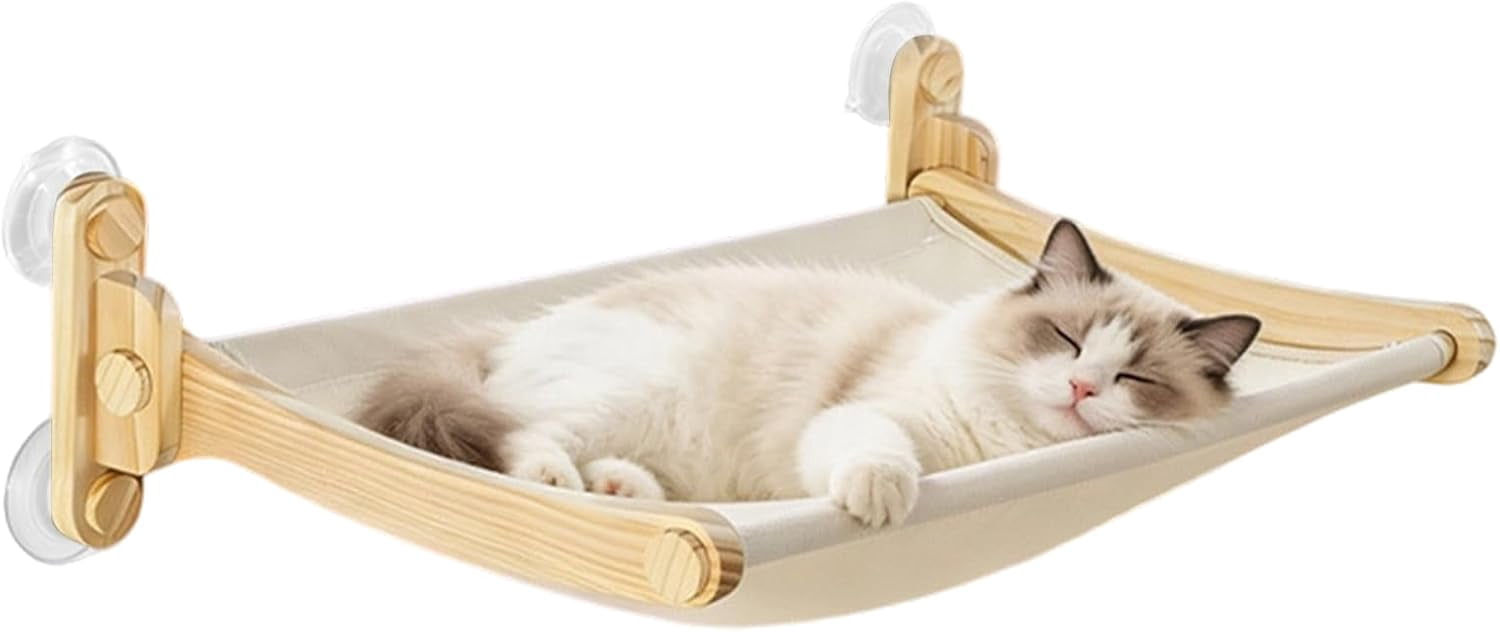 Suction Cup Cat Window Perch, Foldable, Wooden Frame, Washable, Indoor