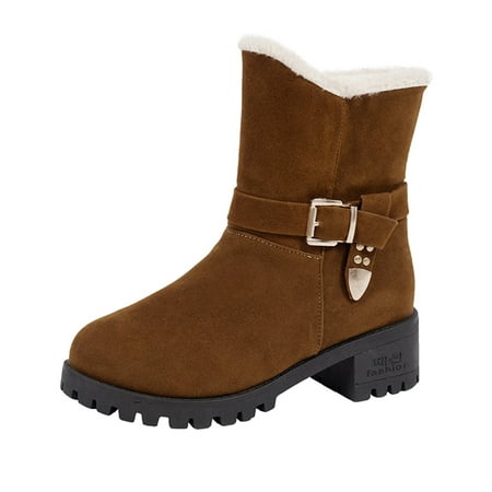 

jsaierl Suede Belt Buckle Embellished Round Toe Thick High-heeled Fleece Snow Boots