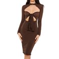 thumbnail image 1 of VISgogo - Vestido ajustado para mujer, color sólido, manga larga, diseño recortado, lazo delantero, corbata, vestido con adorno de orejas de madera VISgogo moda, 1 of 9