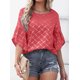 thumbnail image 1 of Tops de media manga con volantes para mujer, Camiseta holgada informal con cuello redondo, camisetas con estampado a cuadros a rayas para primavera y verano 2023, 1 of 5