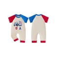 thumbnail image 2 of BemeyourBBs Newborn Baby Boy Girl 4th of July Outfit Baby Boys Girls Fourth of July Outfit Patriot Independence Day Clothes Summer Romper Star USA Flag in Tractor Embroidery Short Sleeve Jumpsuit, 2 of 9