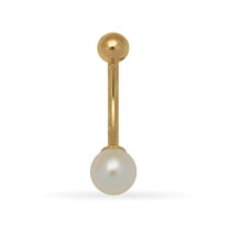 14k Yellow Gold White Round Cultured Pearl 14 Gauge Body Jewelry Belly Ring - Measures 27x6mm