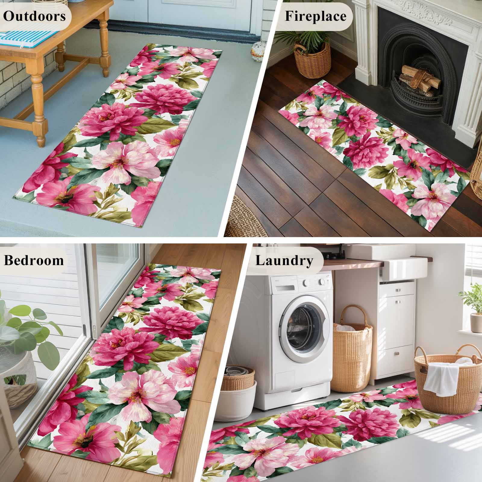 Pink Floral 2'x6' Runner Rugs for Hallway Kitchen Bedside Non Slip Washable, Watercolor Flowers Leaves Plants Watercolor Entryway Rug Runners with Rubber Backing, Long Carpet Runner for Laundry Room