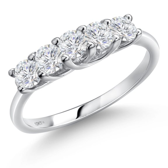 Gem Stone King 10K White Gold White Lab Grown Diamond 5 Stone Wedding Band Ring | 0.75 Cttw | Round 3.4MM | Wedding Engagement Anniversary Promise Ring for Women | E-F Color | VVS-VS (Size 5)