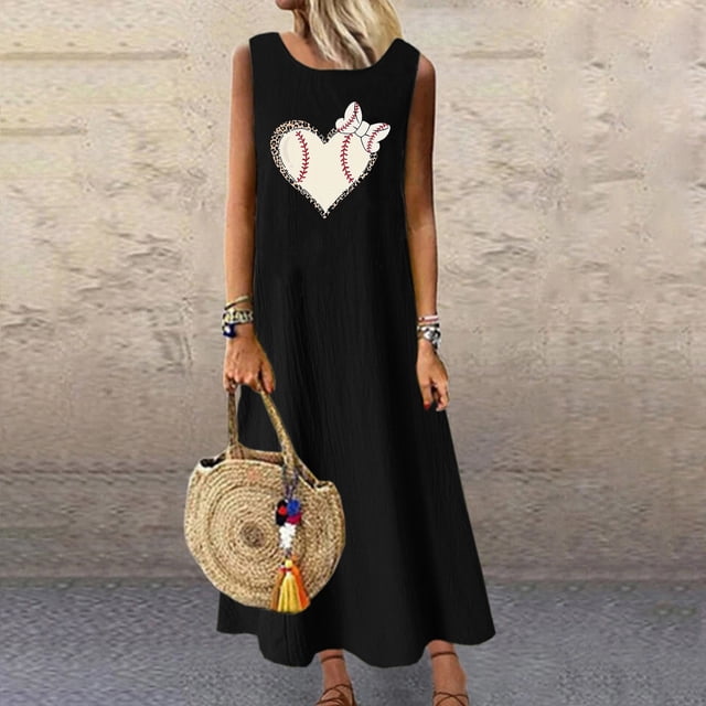 Meichang Robes de Baseball pour Femmes 2024 Coton Lin Robes Sans Manches Mignonnes Cœur Graphique Col Rond Maxi Robes Coupe Ample Décontractée Robes Fête des Mères Noires m