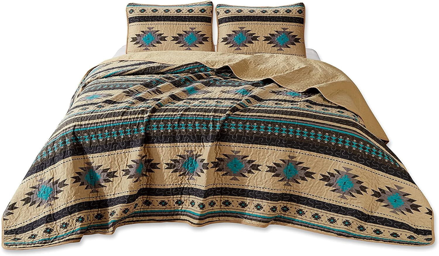 Chezmoi Collection Prescott 3-Piece Southwestern Multi-Color Teal Quilt Bedspread Set, Queen
