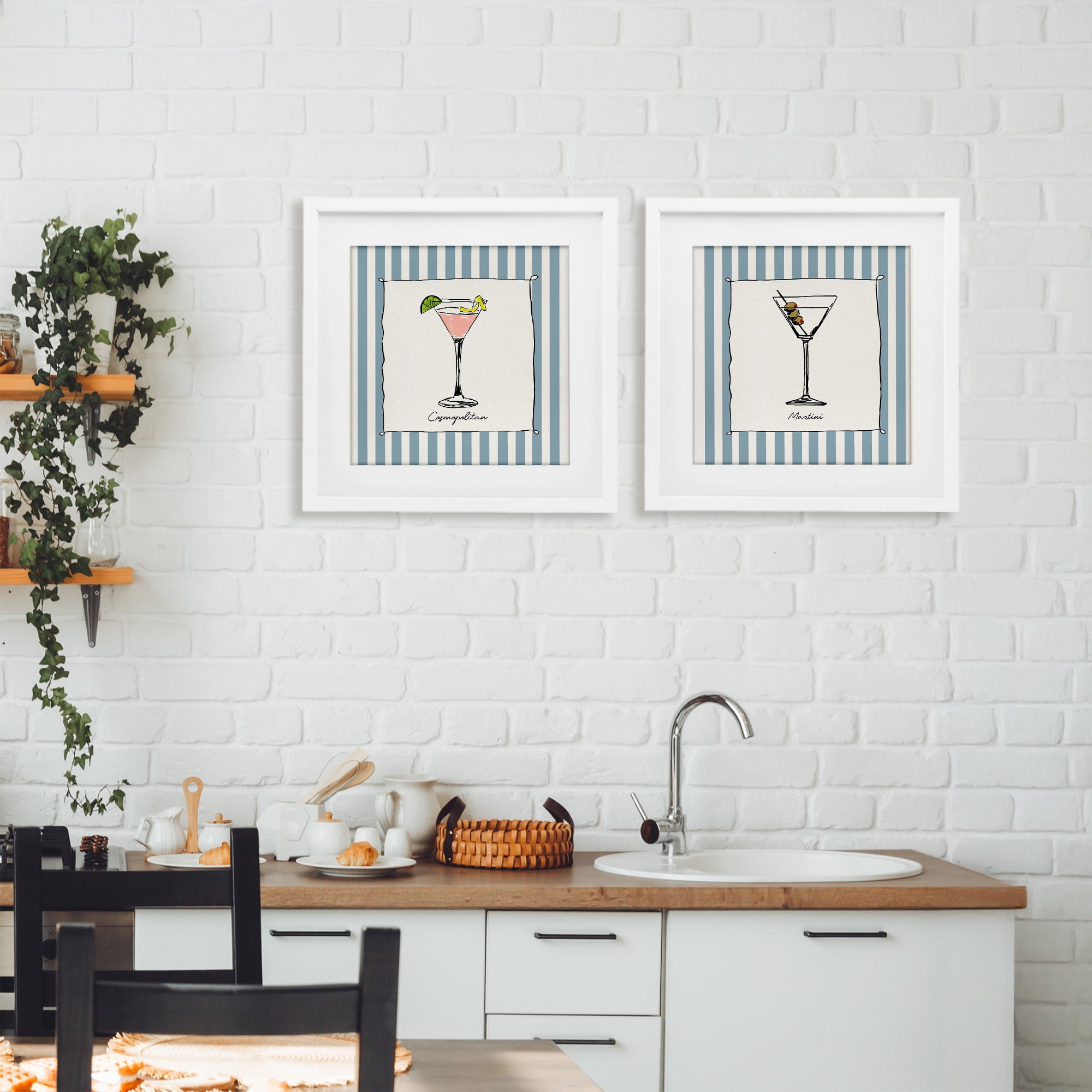 Stupell Industries Summer Drinks on Stripes 2 Piece White Framed Print Under Glass Set, design by Susan Jill
