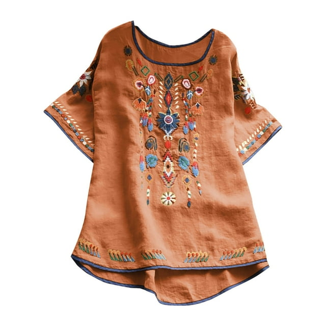Blouses pour Femmes, T-Shirt Mode Décontracté Ample de Printemps Été pour Femmes, Couleur, Manches Courtes, Col Rond, Hauts Brodés, Blouse en Coton et Lin