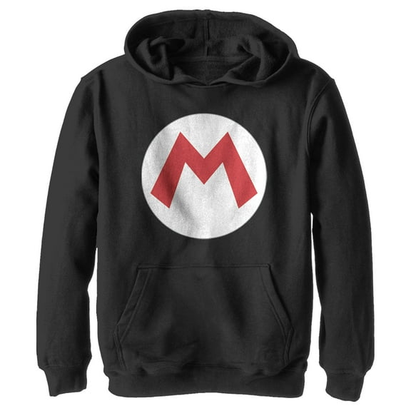 Boy's Nintendo Mario Circle Icon Pull Over Hoodie Black Small