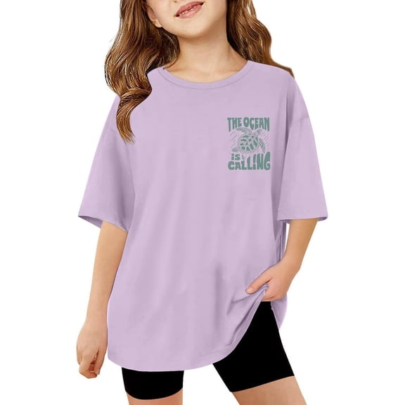Girls T Shirts Short Sleeve Round Neck Basic Cute Print Tees Back To School Clothes Casual Preppy School Uniform Tops,Purple,3-4 Years