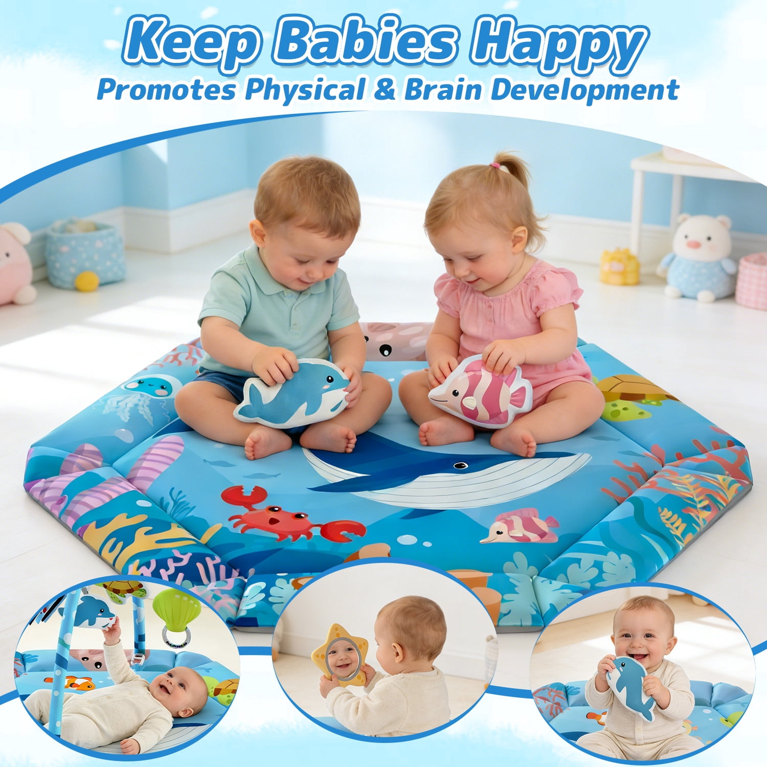 JoyStone Baby Gym Play Mat, 8-in-1 Tummy Time Mat, Infant Play Gym with 6 Detachable Toys, Washable Activity Mat & Ball Pit, Baby Toys Gift for Ages 0-18M