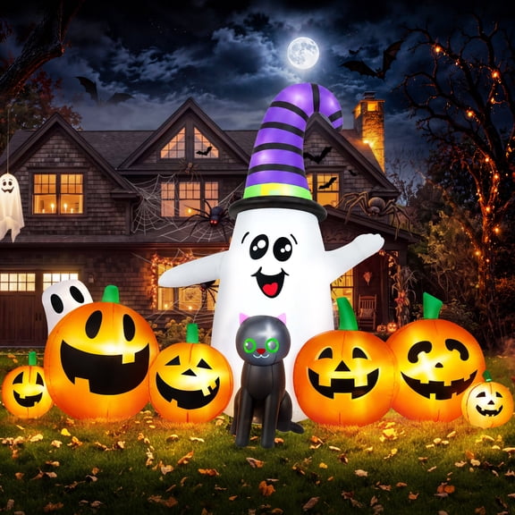 Yexmas 8 FT Long Halloween Inflatable Ghost with Witch Hat, 6 Pumpkins Halloween Blow Ups with Black Cat for Halloween Party Outdoor Yard Garden Lawn Decor