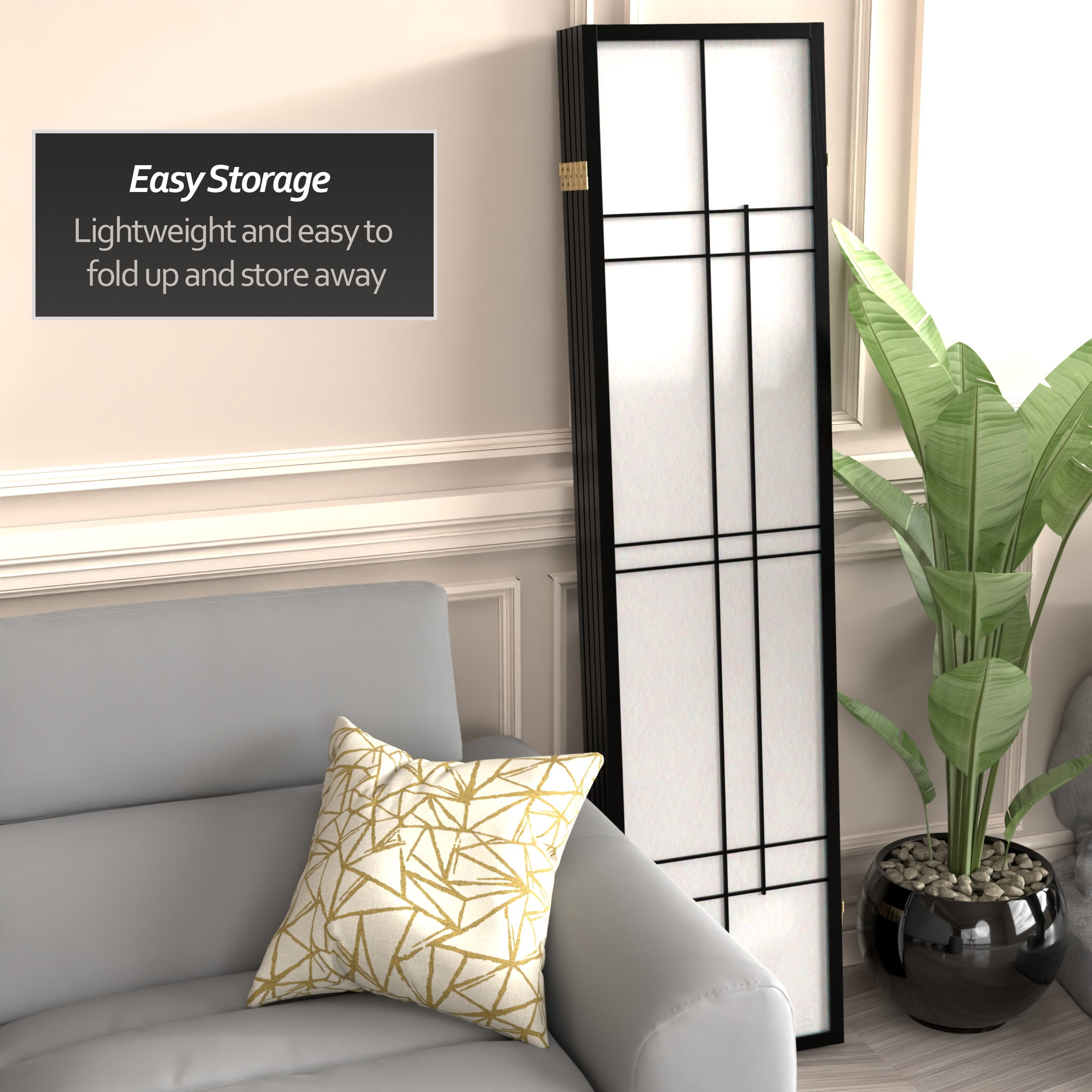 Red Lantern 6 ft. Tall Eudes Shoji Screen - Black - 5 Panels