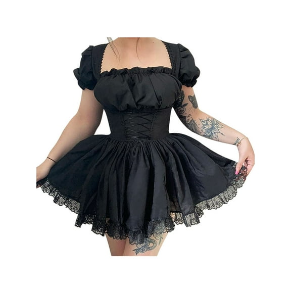 LMLYSoH Women’s Sweet Puff Sleeve A-line Dress Fashion Solid Color Bandage Lace Trim Short Dress