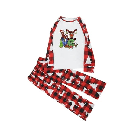 

LWZWM Matching Family Pajamas Sets Christmas Reindeer Red Plaid Cozy Sleepwear Top+Pants Kids 6 Years