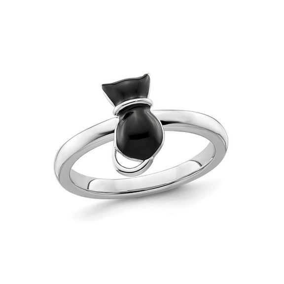 Sterling Silver Black Enameled Cat Ring
