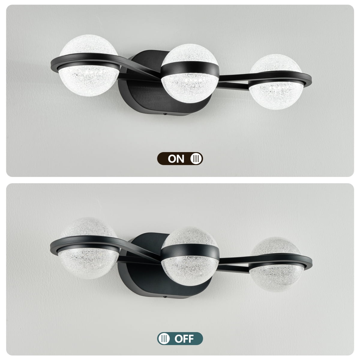 Bathroom Vanity Light, LED 3 Bulb Crystal Sand Acrylic Shades, Wall Mounted Decorative Lighting Fixture, Suitable for Bathroom Vanity Mirror (Black)