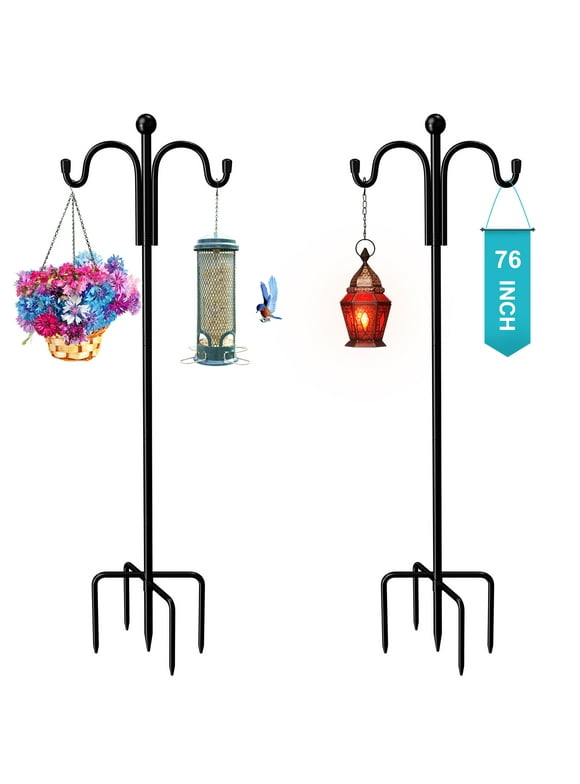 Shepherds Hooks for Outdoor, 2 Pack 76" Double Bird Feeder Poles with 5 Prongs, Adjustable Outdoor Plant Hanger Hooks for Plant Baskets, Lanterns, Wedding Decor