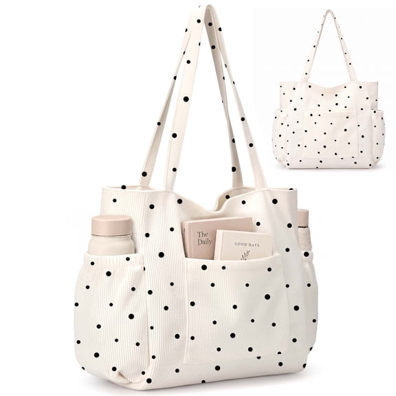 Gocvo Multiple Pockets Corduroy Bag, Large Tote Bag for Women, Ladies Bag Casual Hobo Handbags(White Black Dots)