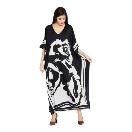 Black Caftans for Women Rose Printed Plus Size Kaftan Dresses...