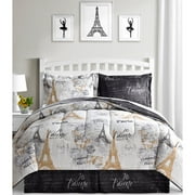 Paris, Eiffel Tower, Black, White & Gold Reversible Twin Comforter Set (6 Piece Bed In A Bag)