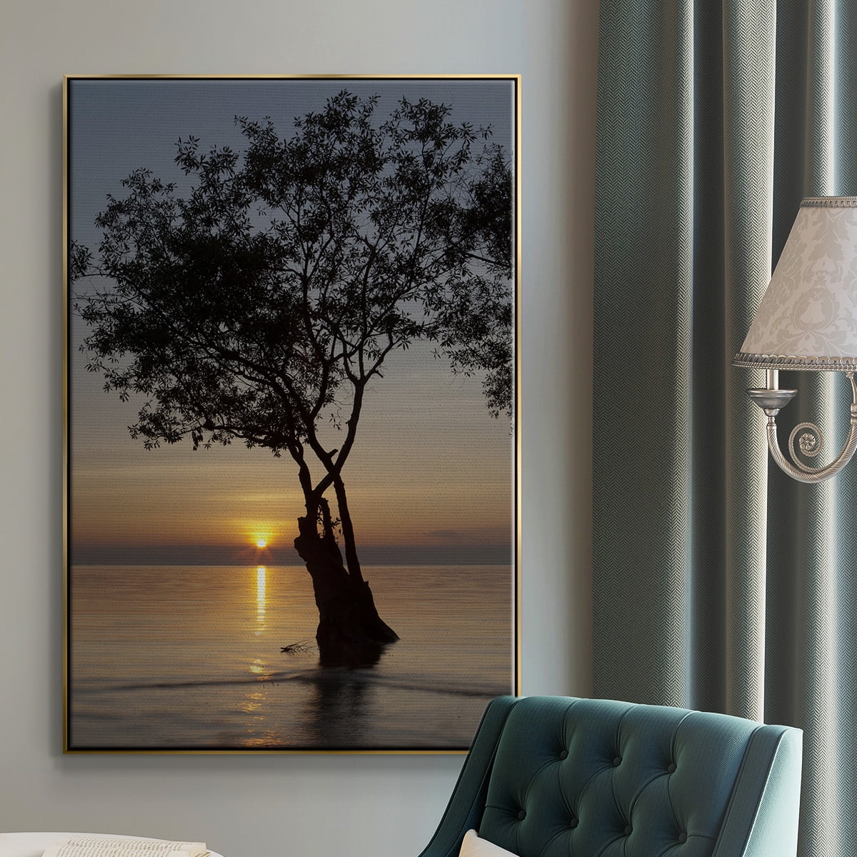Sunset Silhouette Framed Premium Gallery Wrapped Canvas - Ready to Hang - 25 x 37 - Gold Floating Frame