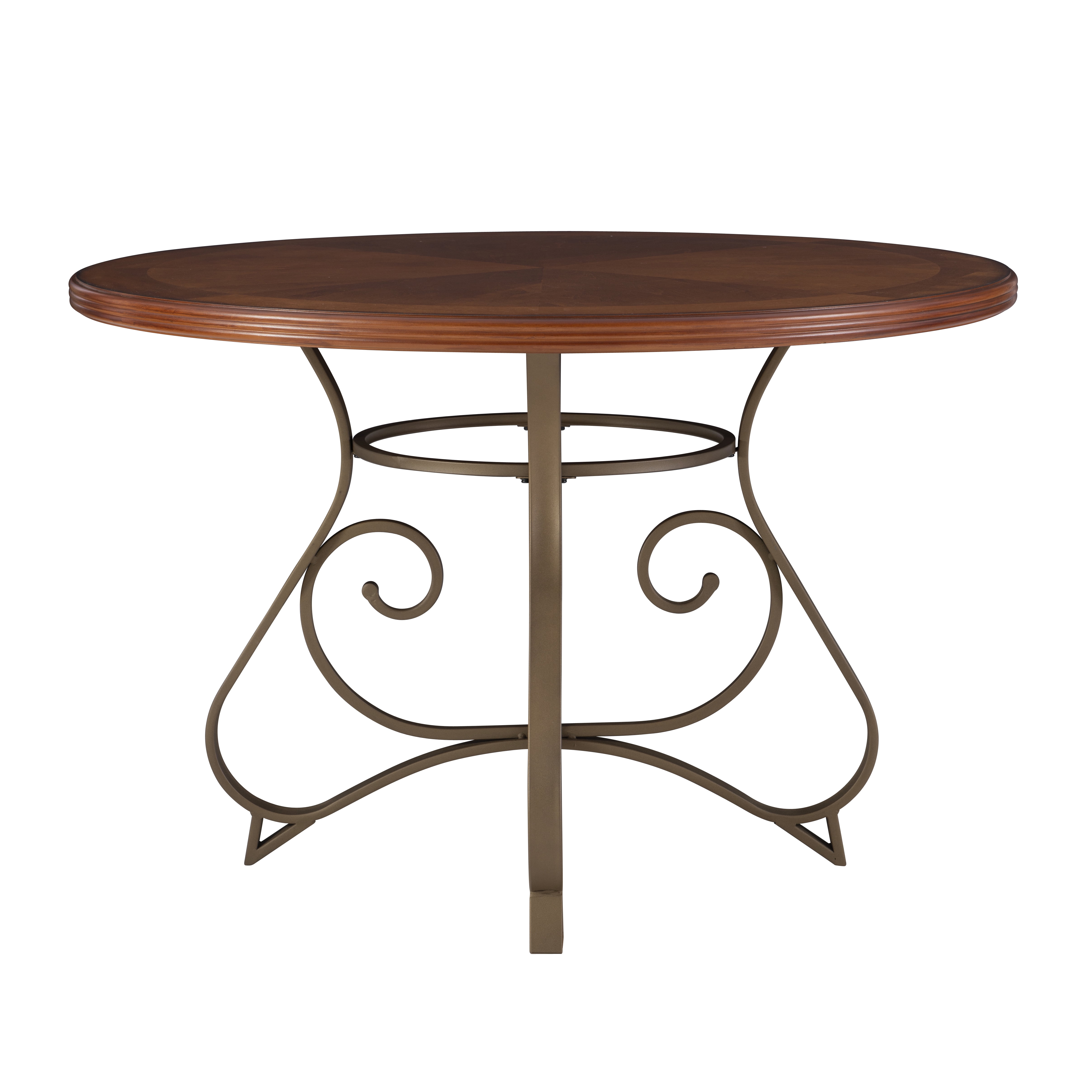 Roselyn 45" Round Dining Table, Brushed Faux Medium Cherry Wood with "Matte Pewter and Bronze" Metal