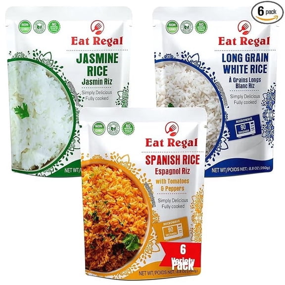 Eat Regal Rice Variety Pack- 2x Jasmine Rice 2x Spanish Rice 2x Long Grain White Rice,Microwave in 1.5 Minutes, 8.8oz, Pack of 6