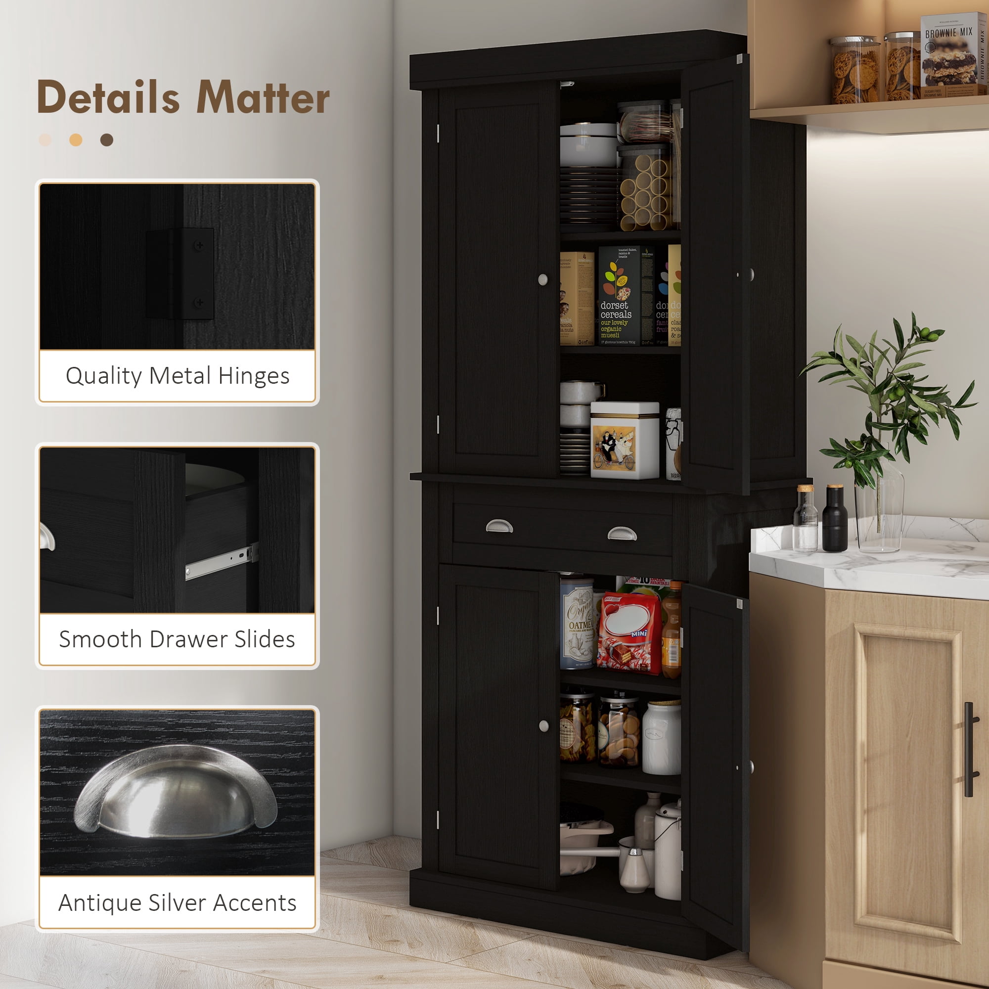HOMCOM 72.5" Traditional Freestanding Kitchen Pantry Cupboard with 2 Cabinet, Drawer and Adjustable Shelves, Black Wood Grain