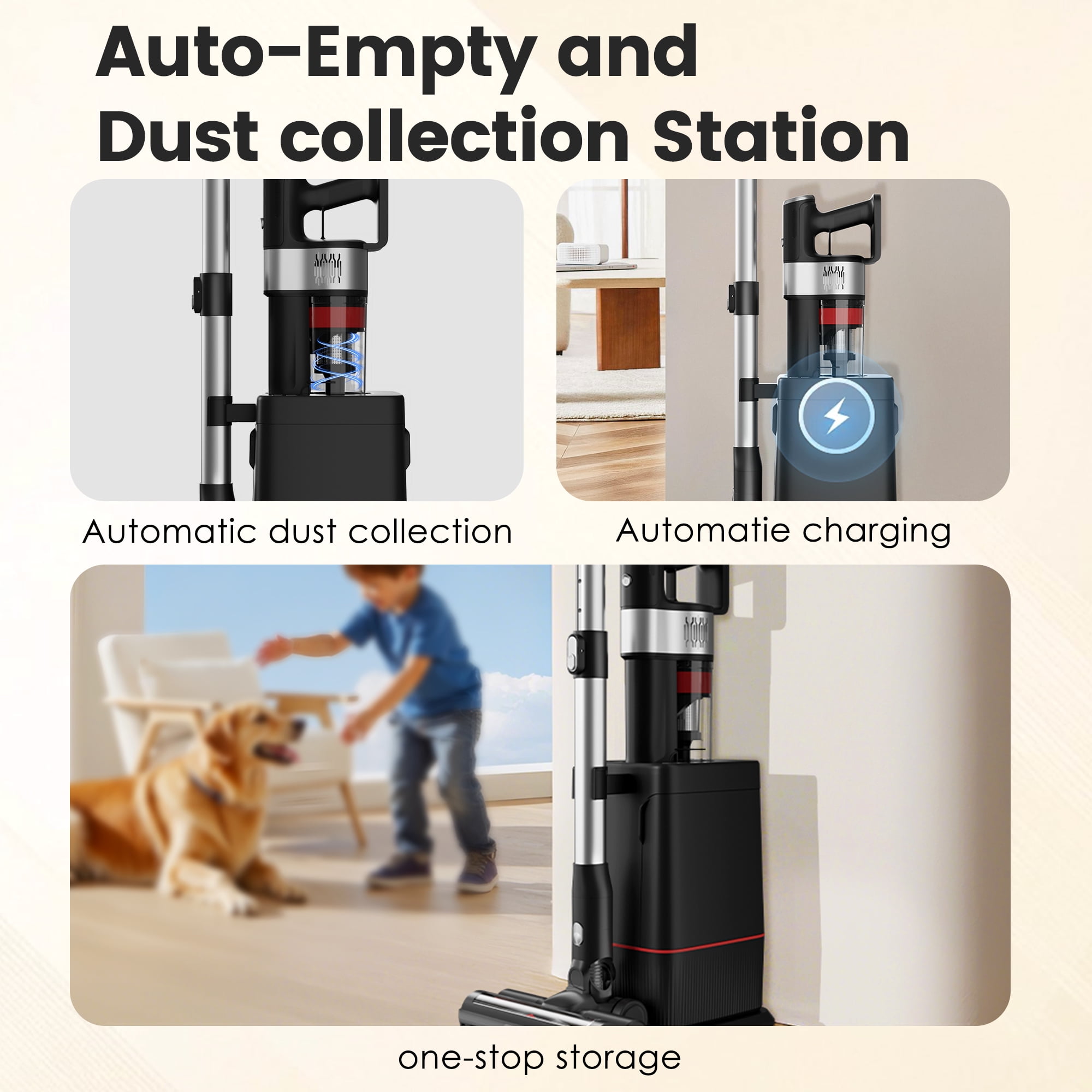 Cordless Vacuum Cleaner, 650W 45KPA 45Mins Self-Standing Vacuum Cleaner with Charging Station for Hard Floor Carpet Car Pet Hair Sofa, Self-Emptying Station, Anti-Tangle Brushroll, LED Headlights