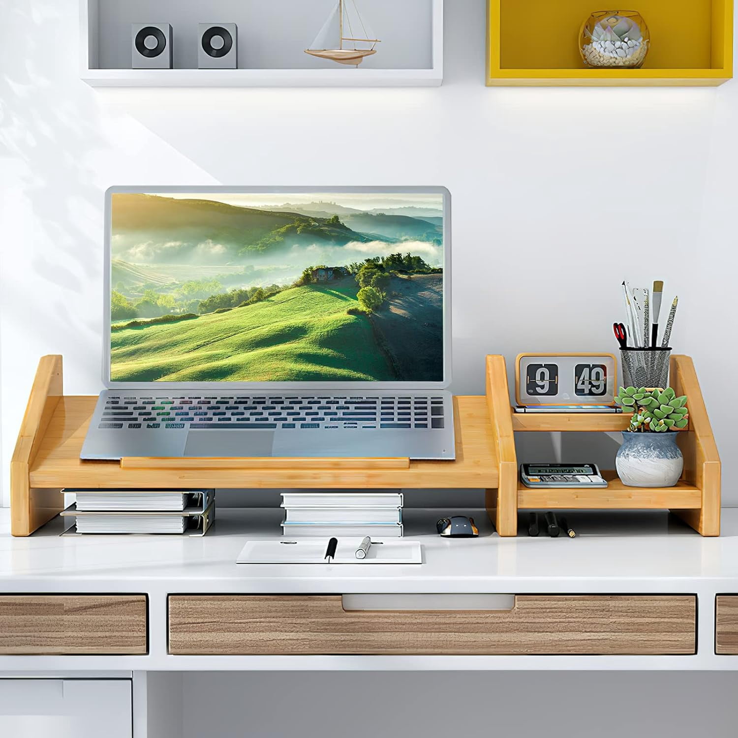 Bamboo Laptop Stand for Desk 3 Heights Adjustable Notebook Computer Monitor Riser with 2 Tier Storage Shelf, Desktop Organizer Printer Home Office