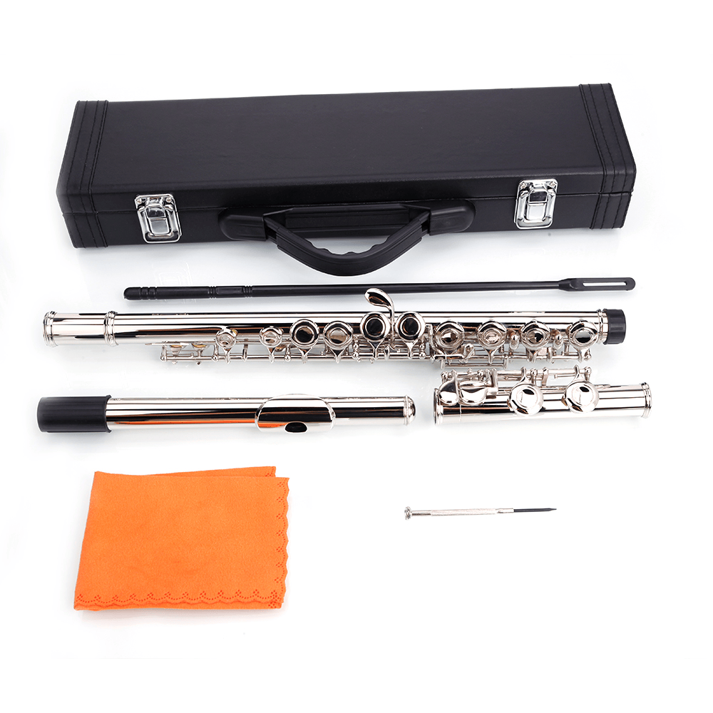 Tcbosik 16 Keys C Closed Hole Flute with E Key, Instrument for Beginner with Carrying Case, Cloth, Lubricant, Screwdriver and Cleaning Rod, Silver