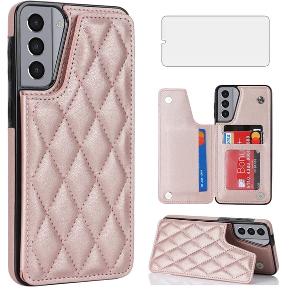 Asuwish Compatible with Samsung Galaxy S21 5G 6.2 inch Wallet Phone Case Tempered Glass Screen Protector Credit Card Holder Stand Rugged Accessories Slot Cell Cover for S 21 21S G5 Women Men RoseGold