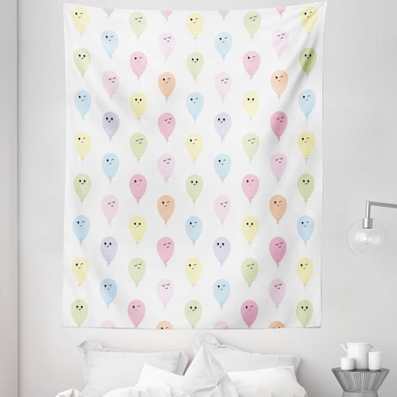 Cartoon Tapestry, Pastel Colorful Smiling Balloons Birthday Shower Celebrations Image, Fabric Wall Hanging Decor for Bedroom Living Room Dorm, 5 Sizes, White Multicolor, by Ambesonne