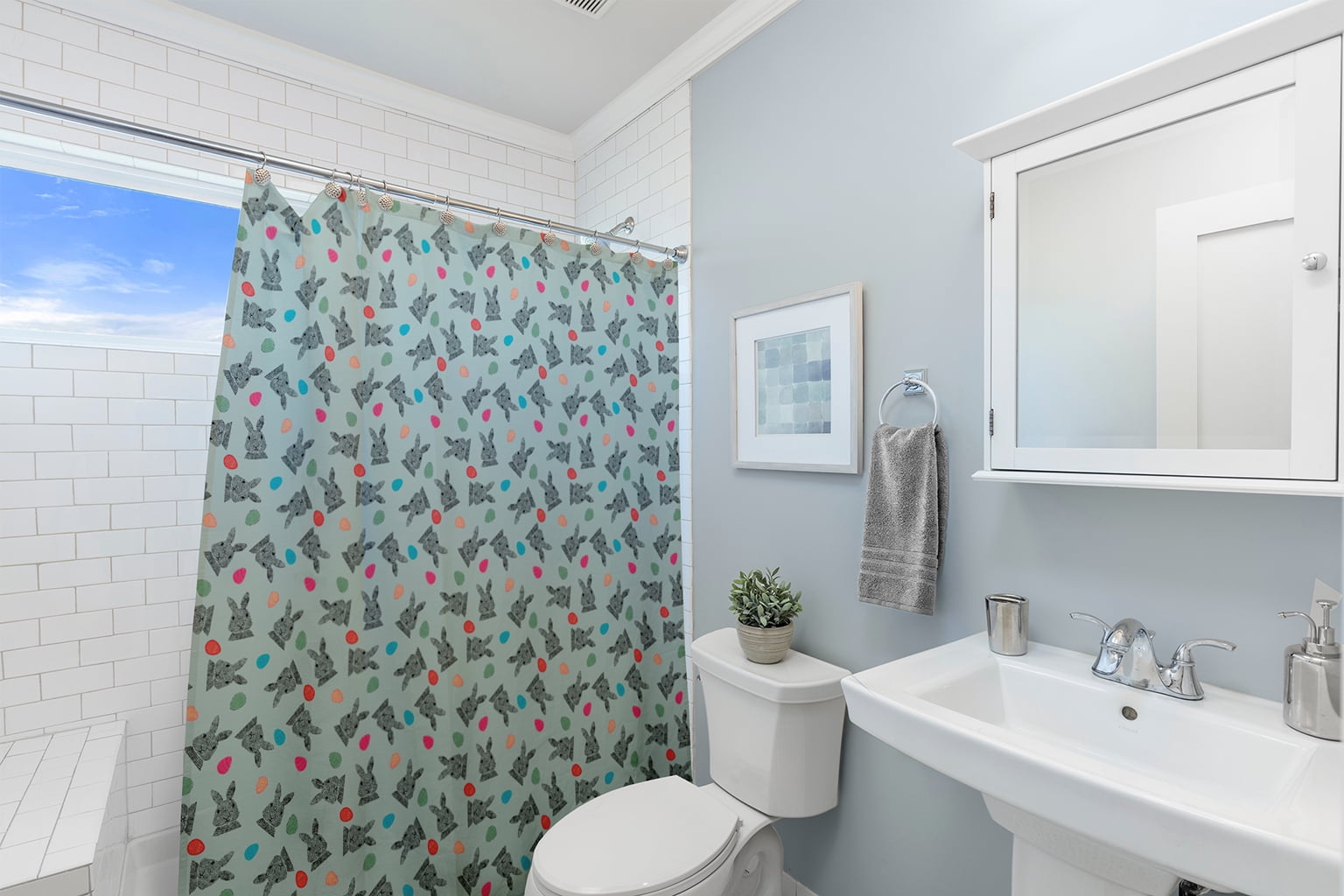 Simply Daisy 70" W x 73" L Bunnies and Eggs Polyester Shower Curtain, Breezeway Green [1 Ct]