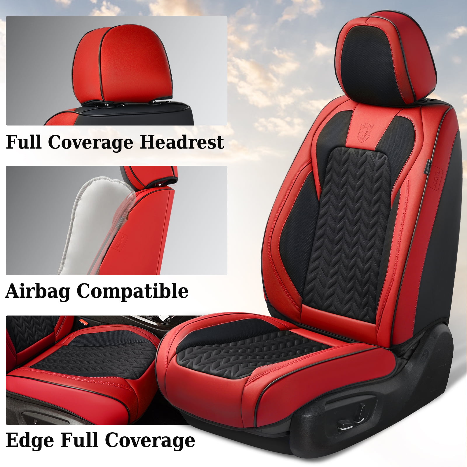 Coverado Black&Red Car Seat Covers Full Set, Faux Leather Seat Protectors with Embossed Grains, Front and Back Auto Cushions Universal Fit Most Cars, Sedans, SUVs and Trucks