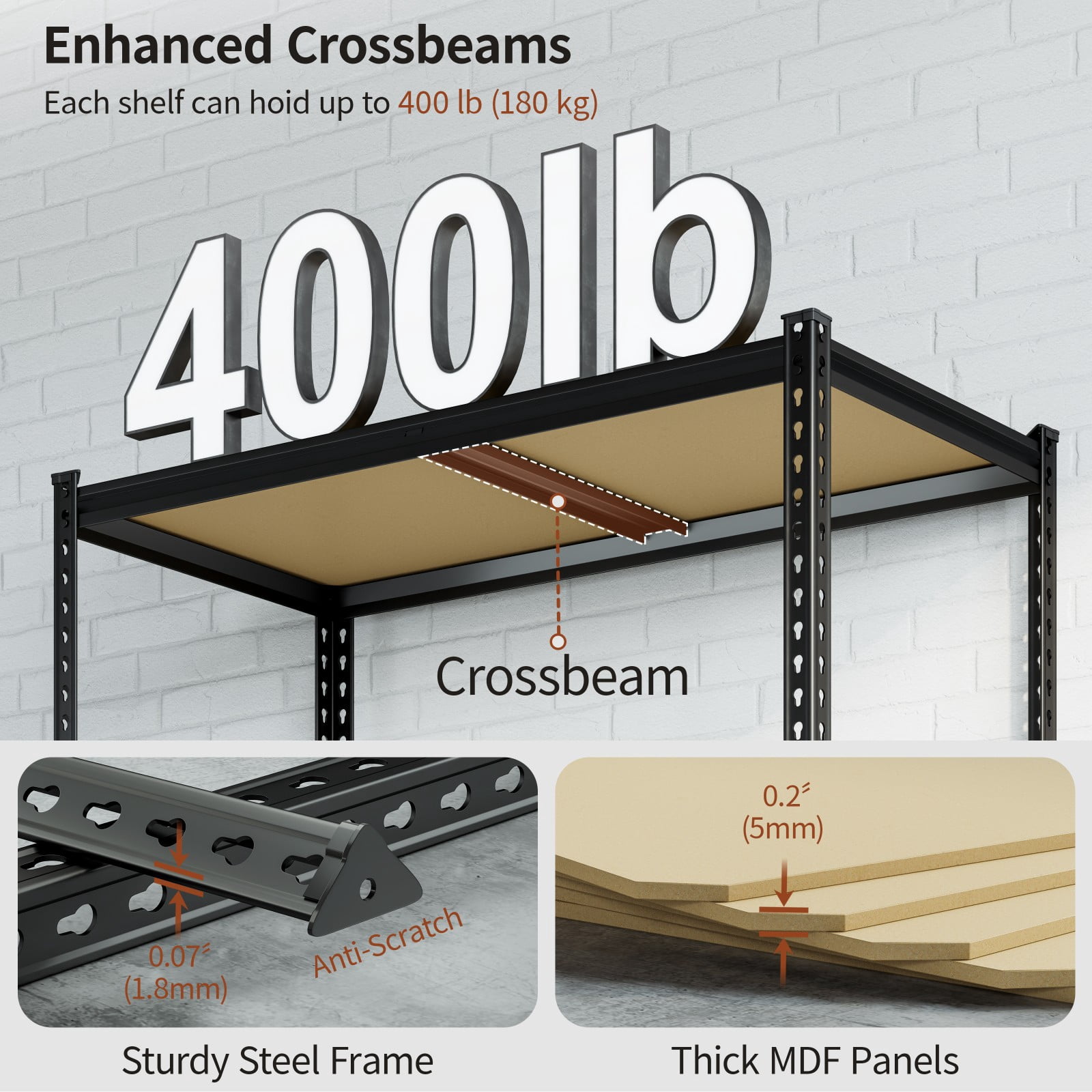 RoomFave Heavy Duty Garage Shelving Unit, 2000LBS Capacity, 5-Tier Adjustable Metal Storage Rack for Basement, Warehouse, Utility Room, 35.5"W x 16"D x 72"H