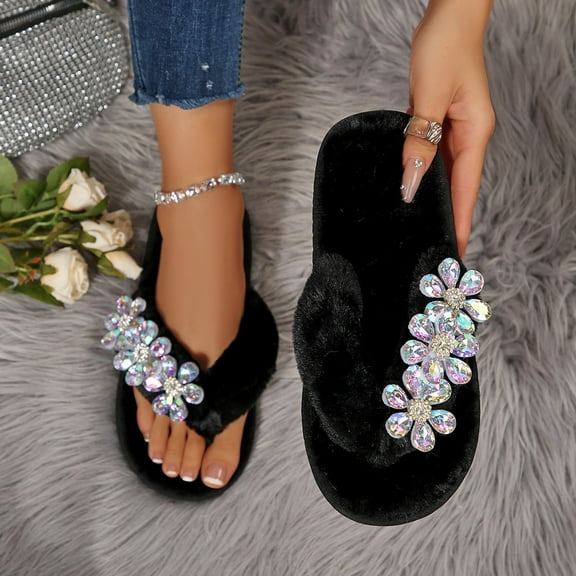 Aueoeo Womens Fuzzy Slippers Flip Flop Open Toes Cozy Home Slippers Furry Open Toe House Shoes Indoor Outdoor Slide Slipper