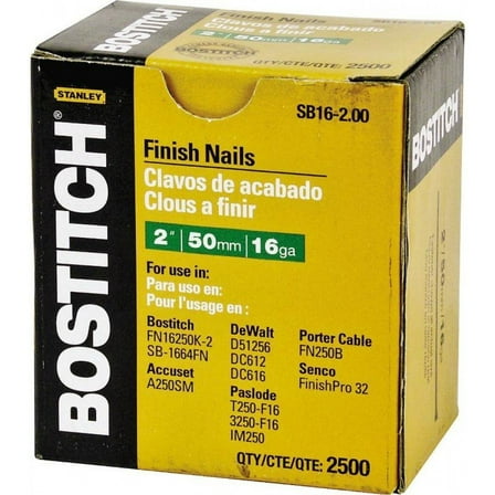 Bostitch, SB16-2.00, Straight Finish Nail, 16 ga, 2 in, PK2500