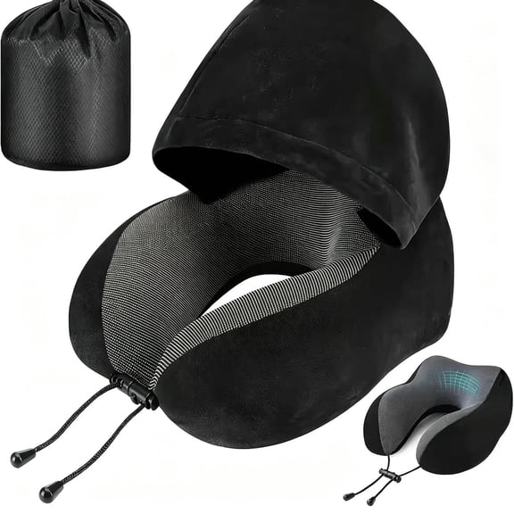 Memory Foam Travel Neck Pillow with Hood, Soft Velvet U-Shaped Airplane Pillow, Portable Head Support Pillow with Storage Bag for Flight, Car & Office