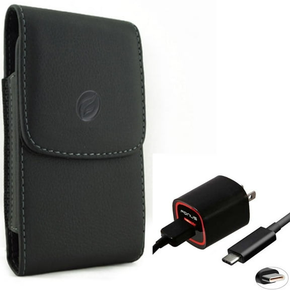 USB Cable 2.4A Home Charger w Holster Leather Case Belt Clip for LG V40 ThinQ, Premier Pro Plus (L455DL), Stylo 4 Plus, Harmony 4 - Motorola Moto Z4 Z3 Play Z2 Play Force Z Force Droid